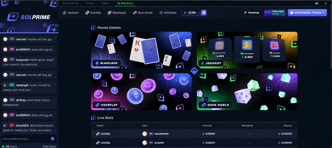 A screenshot of the SolPrime gaming platform interface displaying House Games (Blackjack, Jackpot, Coinflip, Dice Duels) and Live Bets featuring wagers like ₿ 0.08421, alongside a chat sidebar and an "Enlargement Promo" banner. The image showcases the platform behind the tweet announcing a long-anticipated Solana project launch in 3 days, branded as "The Prime of Solana."