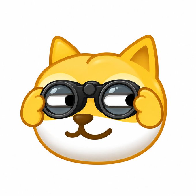 A cartoon illustration of a yellow cat's face wearing black binoculars as a face, smiling against a white background.