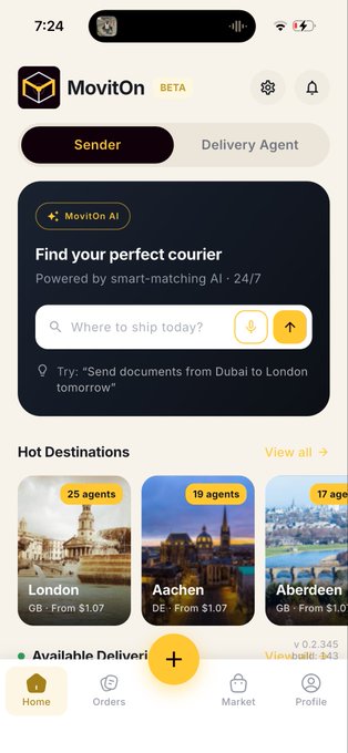 Screenshot of the MovitOn beta app home screen showing "Find your perfect courier" search powered by MovitOn AI, with shipping rates to London (£1.07), Aachen (£1.07), and Aberdeen (£1.07) starting from 25, 19, and 17 agents respectively. The interface includes tabs for Sender/Delivery Agent roles and a "+0.2,345 View build: 0.1" counter at the bottom.