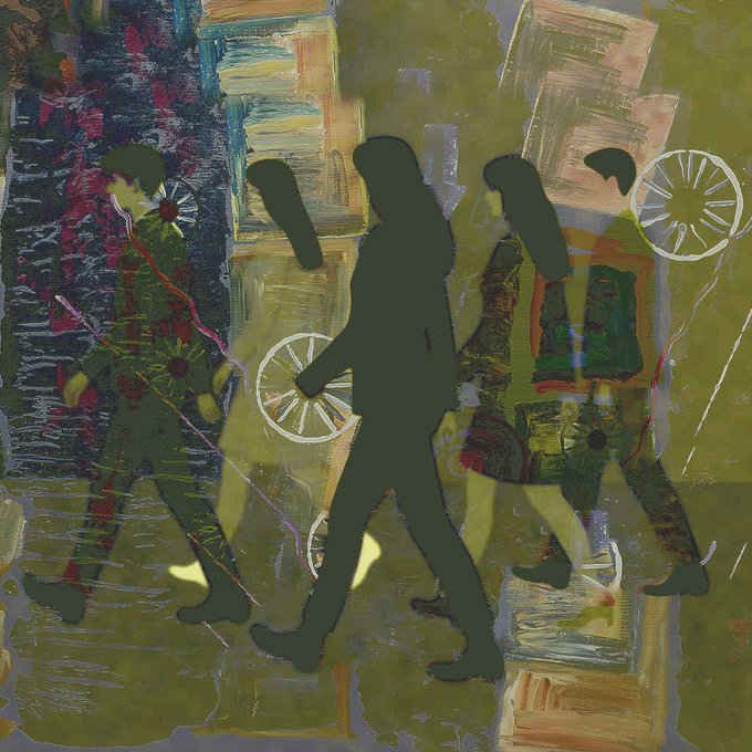 An abstract painting featuring dark green silhouetted human figures walking across a textured, multicolored background with circular motifs.