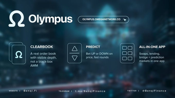 The image is a promotional graphic for Omega Network's Olympus platform, featuring the Olympus logo and website "OLYMPUS.OMEGANETWORK.CO" alongside three highlighted features: ClearBook (a transparent order book), Predict (UP/DOWN betting), and an All-in-One App combining swaps, lending, bridge, and prediction markets. It visually supports the post by showcasing the platform's key features, with footer links to Benqi.Fi, a Telegram channel, and the @BenqiFinance Twitter.