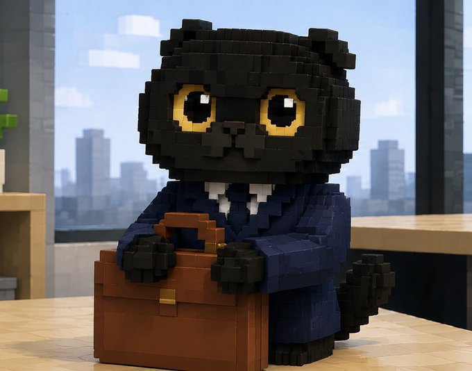 A voxel-style black cat in a navy suit sits on a desk holding a brown briefcase, with a city skyline behind it. The image accompanies a post thanking the $PONS Ecosystem for supporting @StackersXYZ and encouraging organic growth despite criticism over owning a different NFT.