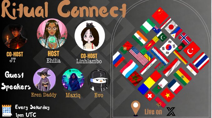 The image features a poster for an event called "Ritual Connect" that takes place every Saturday at 8 pm. The poster includes various images of people, including cartoon characters, representing different countries with their respective flags. There are also text elements on the poster such as the names of hosts and speakers, along with the hashtag #ritualconnect. The post suggests that the attendees should join the upcoming sessions to learn more about the Ritual community and connect with others who share similar interests.