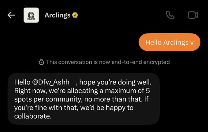 Screenshot of an end-to-end encrypted direct message conversation with 'Arclings' showing an exchange about allocating 5 collaboration spots per community, mentioning @Dfw_Ashb.