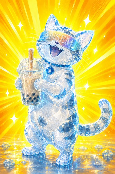 A crystal cat wearing rainbow "ANSEM" sunglasses joyfully holds a boba tea against a radiant yellow starburst background, fitting the playful crypto meme aesthetic accompanying the post about holding tokens and deflecting sell-shaming from followers.