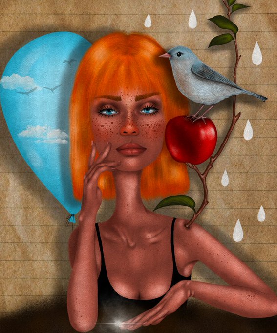 A digital illustration of a woman with bright orange hair and freckles, accompanied by a blue balloon with clouds, a red apple, and a small bird perched on a branch.