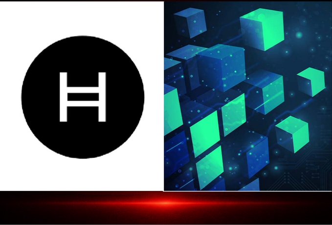 A graphic showing a black circular logo with a white 'H' on the left, and glowing blue and green 3D cubes floating in a digital space on the right, with a red glow at the bottom.