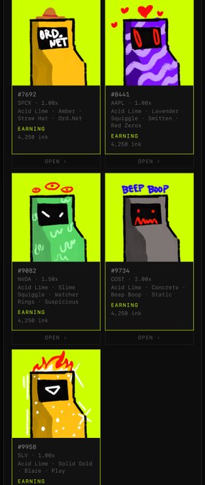 The image showcases a collection of five digital "machines" from the RH Machines project, each featuring pixel-art character designs with vibrant neon backgrounds and "EARNING" status indicators showing ink amounts ranging from 4,200 to 9,500. The displayed machines include #7692 (SPCX - Ord.Net Straw Hat), #8441 (AAPL - Lavender Zad Zzrma), #9082 (NVDA - Slime Sqwiggle Watcher Rings Suspicious), #9734 (COST - Concrete Beep Boop Static), and #9958 (SLV - Solid Gold Blaze Play), each earning ink while awaiting user interaction.