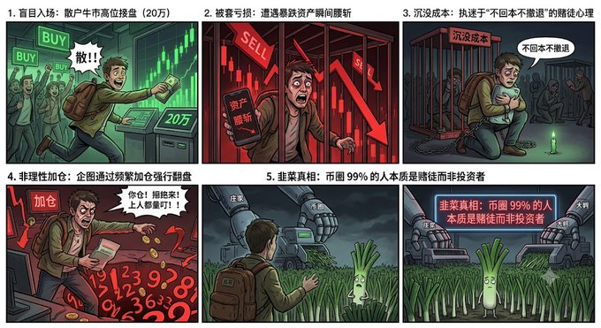 A six-panel Chinese comic contrasting stock market greed and panic, culminating in the statement '韭菜真相：币圈99%的人本质是赌徒而非投资者' (Leek truth: 99% of crypto people are essentially gamblers, not investors).