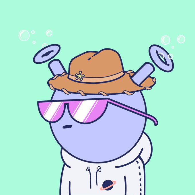 A cartoon illustration of a purple character wearing pink sunglasses and a brown hat, with floating discs and bubbles around its head against a mint green background.