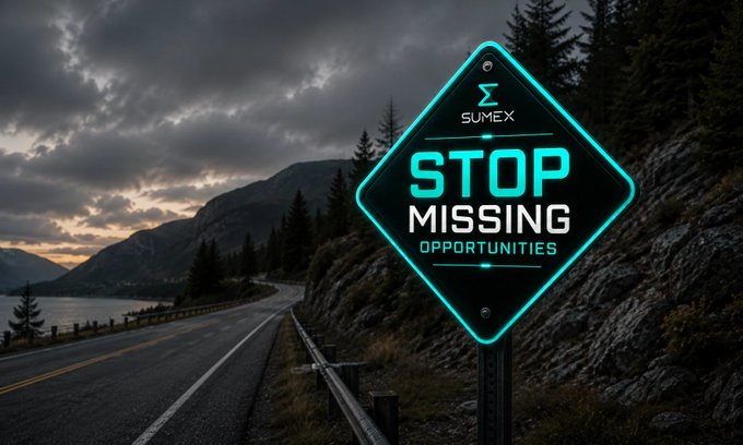 A neon-lit diamond-shaped road sign reading 'SUMEX - STOP MISSING OPPORTUNITIES' set against a dramatic mountain landscape with a winding road at dusk.