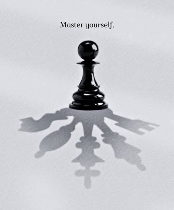 A black chess pawn casting a shadow that forms a crown of chess pieces on a white surface, with the text 'Master yourself.' above it.