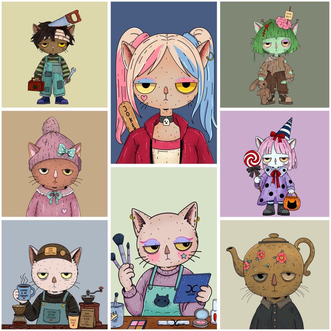 A collage of nine whimsical illustrated cat characters in various outfits and settings, including a mechanic cat, a girl with pigtails, a barista, and a cat wearing a teapot helmet.