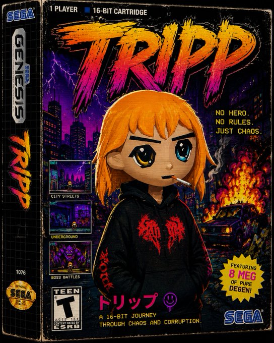 A Sega Genesis 16-bit cartridge box art for the game "TRIPP" featuring a stylized cartoon character with orange hair smoking a cigarette, with text reading "NO HERO. NO RULES. JUST CHAOS" and "FEATURING 8 MEG OF PURE DEGEN!".
