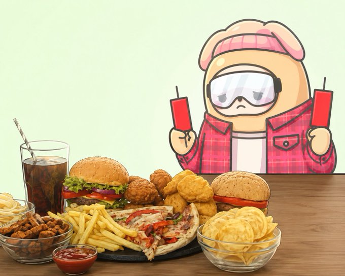An illustrated cartoon character in a red plaid shirt and pink hat sits behind a large spread of fast food including burgers, pizza, fries, chicken nuggets, chips, and soda.