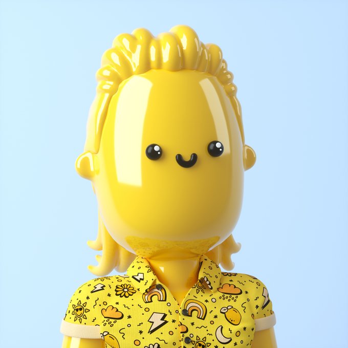 A 3D-rendered yellow toy figure with a smiling face wears a colorful patterned shirt featuring suns, rainbows, and lemons against a light blue background.
