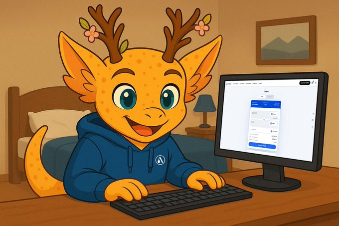 A cheerful anthropomorphic orange dragon/deer hybrid wearing a blue hoodie happily types on a keyboard at a desk with a computer screen displaying what appears to be a cryptocurrency or DeFi dashboard, while ignoring the bed behind it—visually matching the caption about choosing to stake on Amnis rather than sleep.