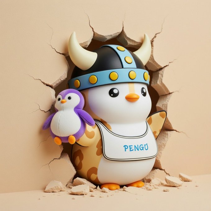 A 3D rendered cartoon character of a penguin wearing a Viking horned helmet and a bib labeled 'PENGU,' bursting through a cracked wall alongside a small purple bird.