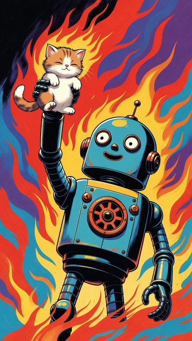 A retro-style blue robot stands with a happy orange and white kitten held aloft against a backdrop of vibrant red and blue flames.