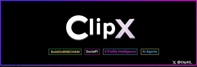The image displays the "ClipX" logo in large white text on a black background, accompanied by four colorful feature tags reading "BuildOnBNBCHAIN," "SocialFi," "X Profile Intelligence," and "Ai Agents," with the handle "@ClipX0_" in the corner. The visual reinforces the post's message by showcasing ClipX's branding and highlighting its key features—AI agents, profile intelligence, and SocialFi on BNB Chain—that the text claims set it apart from other projects.