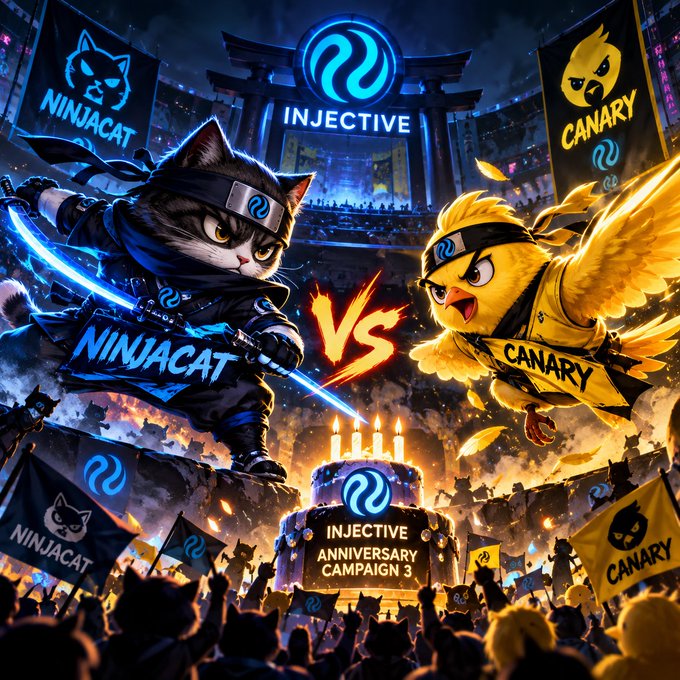 A vibrant promotional graphic for "INJECTIVE ANNIVERSARY CAMPAIGN 3" featuring an epic battle scene between two mascots: "NINJACAT," a sword-wielding ninja cat, and "CANARY," a fierce yellow bird, with a cheering crowd and Injective branding surrounding them. The "VS" clash and dynamic poses perfectly capture the post's playful rivalry theme, inviting viewers to choose their favorite meme champion in the Injective ecosystem.