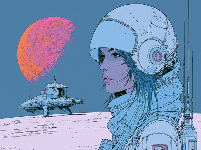 A sci-fi illustration of a young woman with blue hair wearing a white astronaut helmet, with a pink moon and futuristic lunar base in the background.