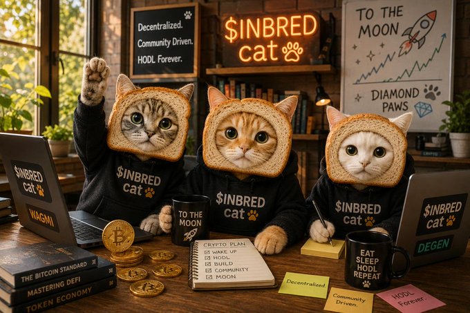 A humorous AI-generated image shows three cats wearing "$INBRED cat" hoodies and shirts sitting at a table with Bitcoin books, mugs, and sticky notes reading "Decentralized," "Community Driven," and "HODL Forever."