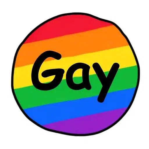 A simple cartoon drawing of a rainbow-striped circle with the word 'Gay' written across it in black text.