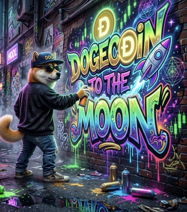 The image features a person, possibly a dog or a cat, painting graffiti on a brick wall with the words "Doge to the Moon!" written above them. The text stands out against the colorful background of the graffiti art.