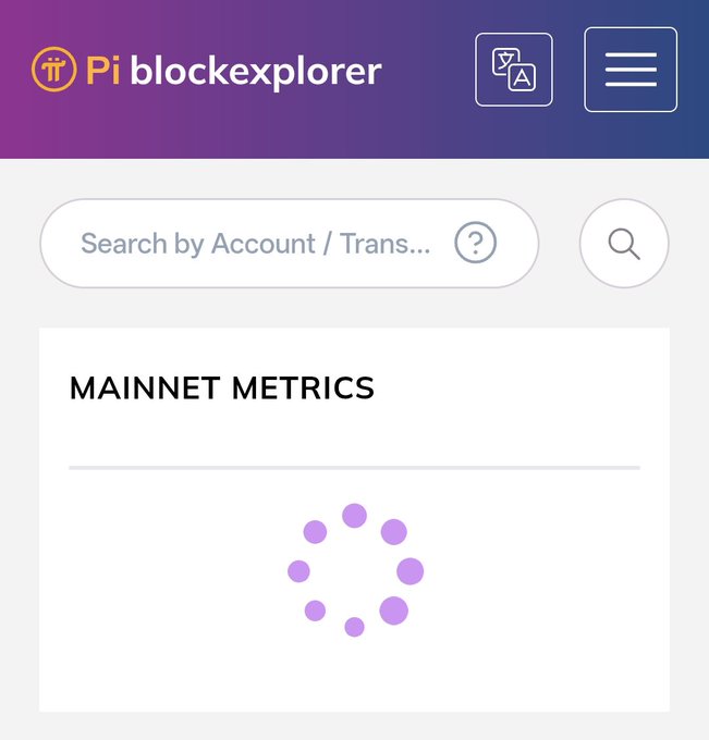 A loading screen on the Pi blockexplorer showing "Pi blockexplorer" header and a "MAINNET METRICS" section with a spinning loader, indicating the Pi Network metrics page is still loading. This image directly supports the post's concern about Pi Network metrics failing to load on the blockexplorer.