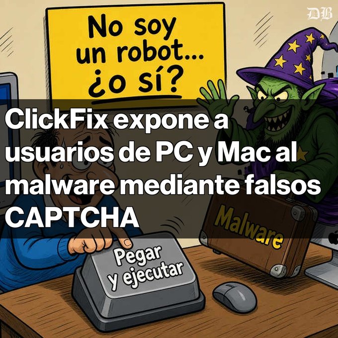 A Spanish-language cartoon illustration about a cybersecurity warning, with text stating 'ClickFix expone a usuarios de PC y Mac al malware mediante falsos CAPTCHA' over an image of a person at a computer with a fake 'No soy un robot' CAPTCHA.