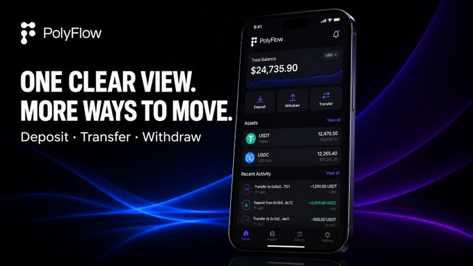 A promotional image for PolyFlow showing a mobile wallet interface displaying a total balance of $24,735.90 USD with options to deposit, withdraw, and transfer assets including USDT and USDC. The tagline "ONE CLEAR VIEW. MORE WAYS TO MOVE" highlights how the app centralizes identity verification and cross-border payment functions, aligning with the post's discussion of PolyFlow's PID system streamlining compliance credentials across multiple transfers.