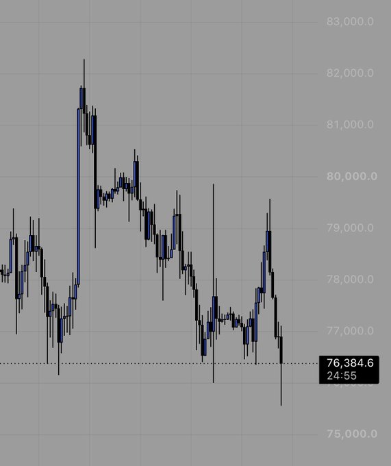 A financial candlestick chart showing price movement between 75,000 and 83,000, with the current price marked at 76,384.6 at 24:55.