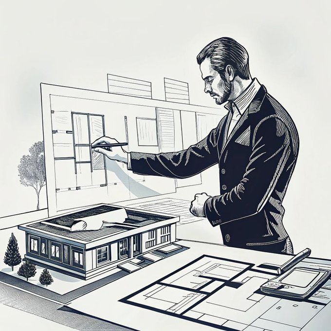 A black and white sketch illustration of an architect or designer in a suit working with architectural blueprints, alongside a model house and design plans on a desk.