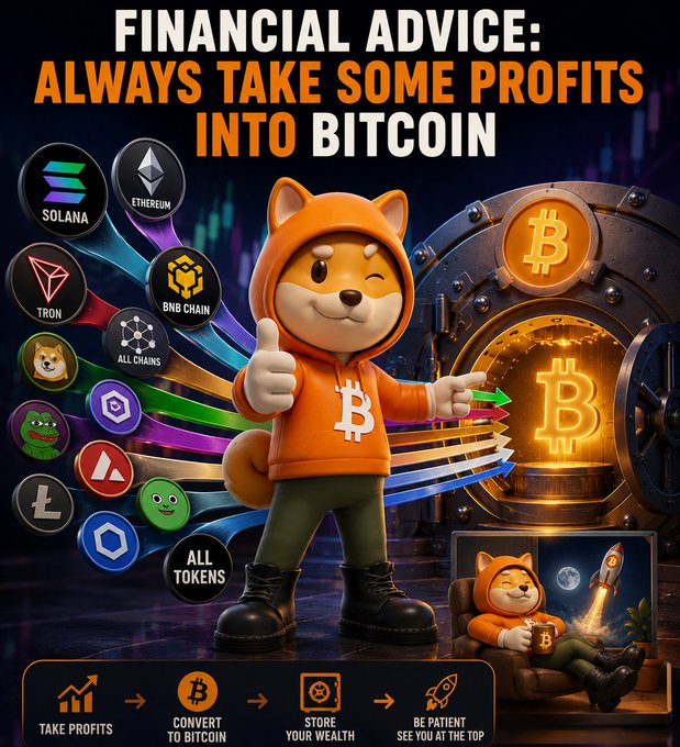 Financial advice meme featuring a Shiba Inu dog in a Bitcoin hoodie pointing to a vault, with the text 'FINANCIAL ADVICE: ALWAYS TAKE SOME PROFITS INTO BITCOIN' alongside various crypto logos including Solana, Ethereum, Tron, BNB Chain, and others, with a 4-step process at the bottom: Take Profits → Convert to Bitcoin → Store Your Wealth → Be Patient See You At The Top.