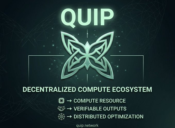 The image features a logo for Quip network that includes a butterfly design with four wings spread out. The text "Quip" is written above the butterfly, while the words "centralized computer ecosystem" are below it. Below this, there are descriptions of what Quip's system does and how it differs from traditional Proof of Work networks.