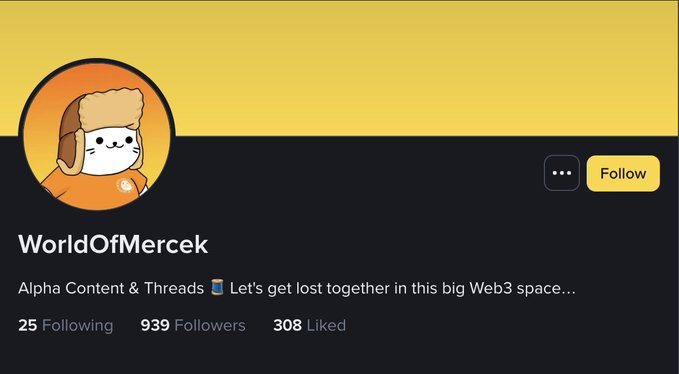 A social media profile page for 'WorldOfMercek' with a cartoon dog avatar wearing an aviator hat, described as 'Alpha Content & Threads' with 939 followers.