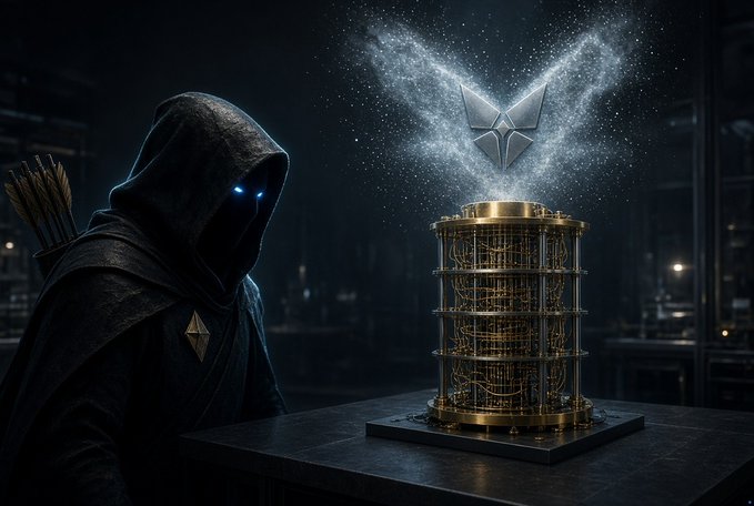 A hooded figure with glowing blue eyes stands beside an ornate golden cylindrical device on a table, with a futuristic silver logo emitting particles of light against a dark, industrial background.