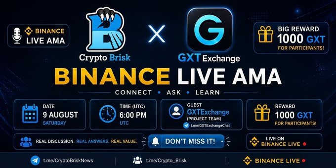 A promotional graphic for a Binance Live AMA featuring Crypto Brisk and GXT Exchange on August 9th at 6:00 PM UTC, offering 1000 GXT rewards.