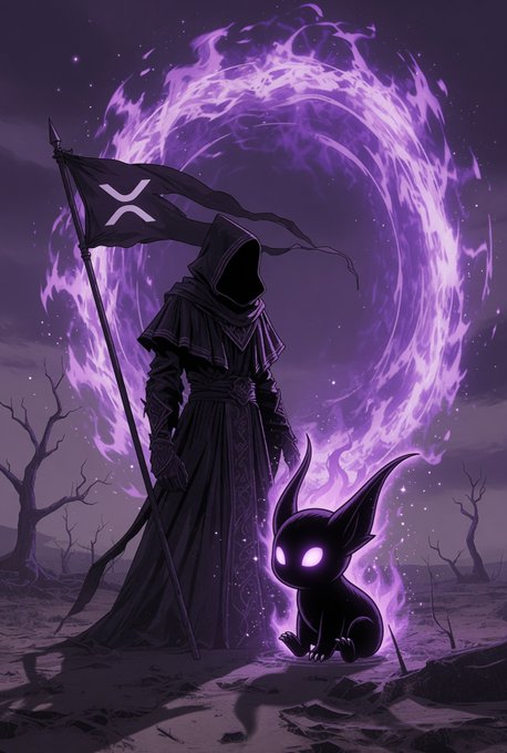 A hooded, faceless figure in dark robes holds an "X" flag, standing before a glowing purple portal alongside a small shadow creature with bright purple eyes in a barren landscape. The image ties to the post as the "X" flag represents the XRP Ledger (XRPL), reinforcing the $VPRSM rewards distribution announcement to the XRPL community.
