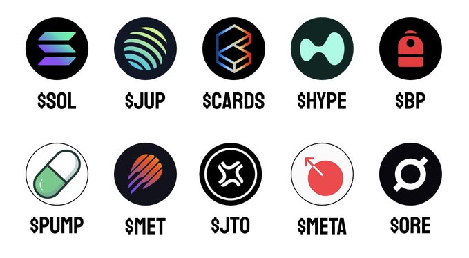 The image displays 10 circular cryptocurrency token logos arranged in two rows of five, each labeled with a ticker symbol: $SOL, $JUP, $CARDS, $HYPE, $BP, $PUMP, $MET, $JTO, $META, and $ORE. This visual lineup directly corresponds to the post's "bags for the upcoming bull run," illustrating the poster's crypto portfolio.