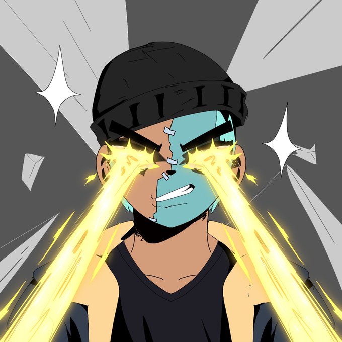 An animated character with a black beanie and cyan face mask fires blazing yellow lasers from his eyes, surrounded by sparkles and speed lines, capturing the intense energy of a "gm, have a lovely weekend" crypto greeting.