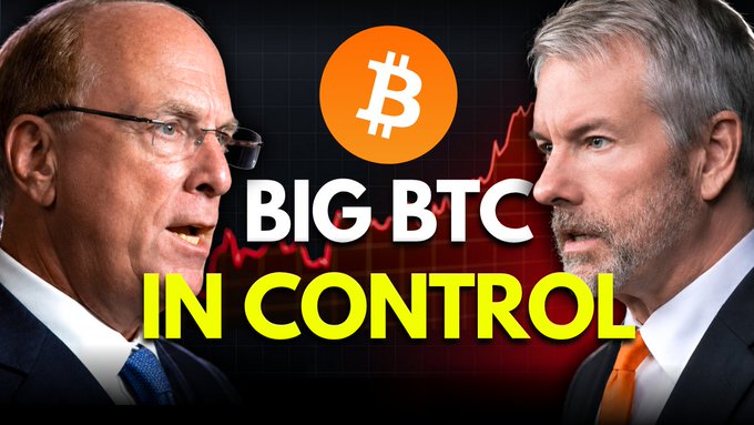 YouTube thumbnail showing two men in suits facing each other with a Bitcoin logo between them, against a red rising chart background, with bold text reading "BIG BTC IN CONTROL."
