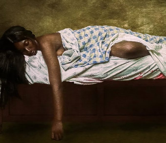 A painting depicting a dark-skinned woman with long black hair lying on a bed, partially covered by a blue and white checkered blanket, with one arm dangling off the edge of the bed.