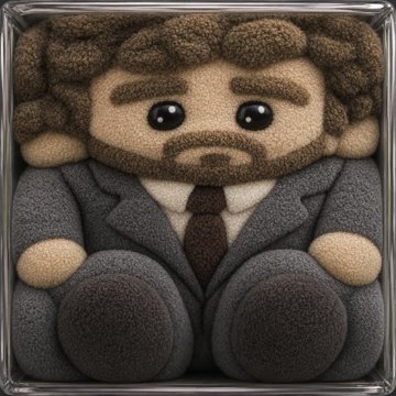 A plush toy of a brown-haired bearded man wearing a gray suit, white shirt, and gray tie, presented in a clear display box.