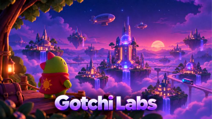 An illustrated fantasy landscape shows a green character with a sun emblem on its back overlooking floating islands with castles, airships, and waterfalls, with the 'Gotchi Labs' logo in the foreground.