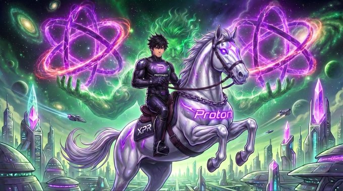 A futuristic rider labeled "Proton" in glowing purple text sits atop a rearing silver horse marked "XPR," surrounded by vibrant green and purple atomic rings and a sci-fi cityscape. The image embodies the hashtags #protonboy, #xprnetwork, #proton, and #web3, visually merging the XPR Network's brand identity with cosmic, blockchain-inspired artwork.