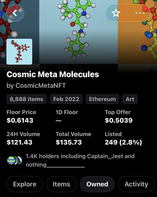 A screenshot of the Cosmic Meta Molecules NFT collection on OpenSea, showing it has 8,888 items on Ethereum with a current floor price of $0.6143 and 1.4K holders including "Captain_Jeet and nothing____________," supporting the claim of the post that the NFTs were free to mint.