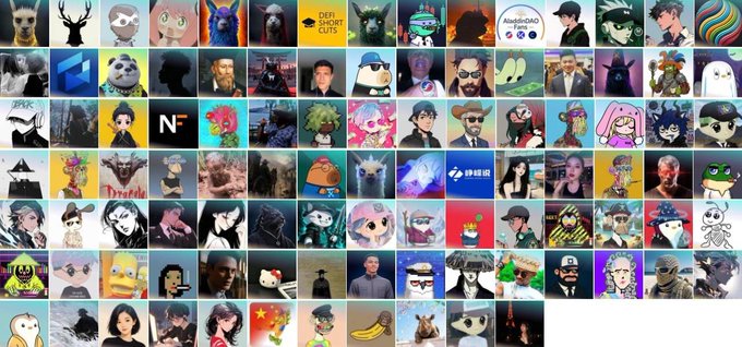 A large grid collage displays dozens of small profile pictures and avatars of various people, characters, and memes arranged in rows.