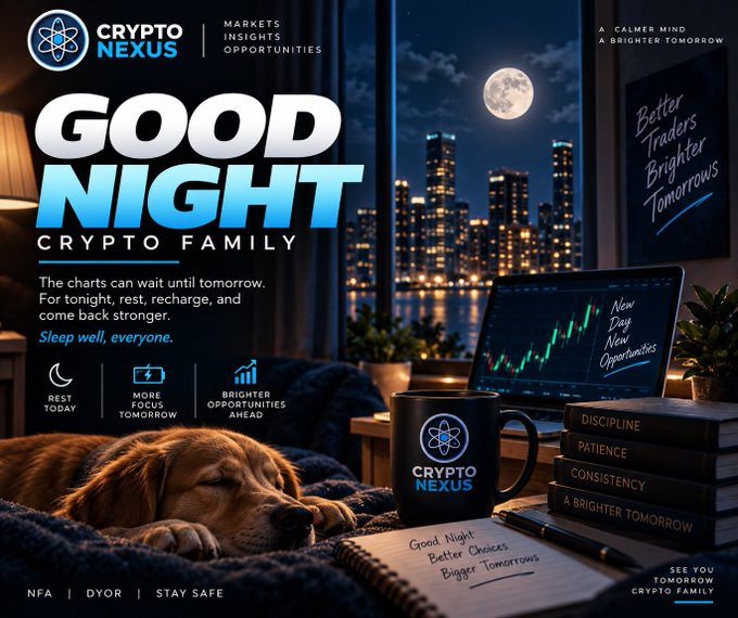 A promotional graphic for 'CRYPTO NEXUS' wishing their 'CRYPTO FAMILY' a 'GOOD NIGHT', featuring a sleeping golden retriever, a branded mug, and a view of a city skyline at night with a full moon.